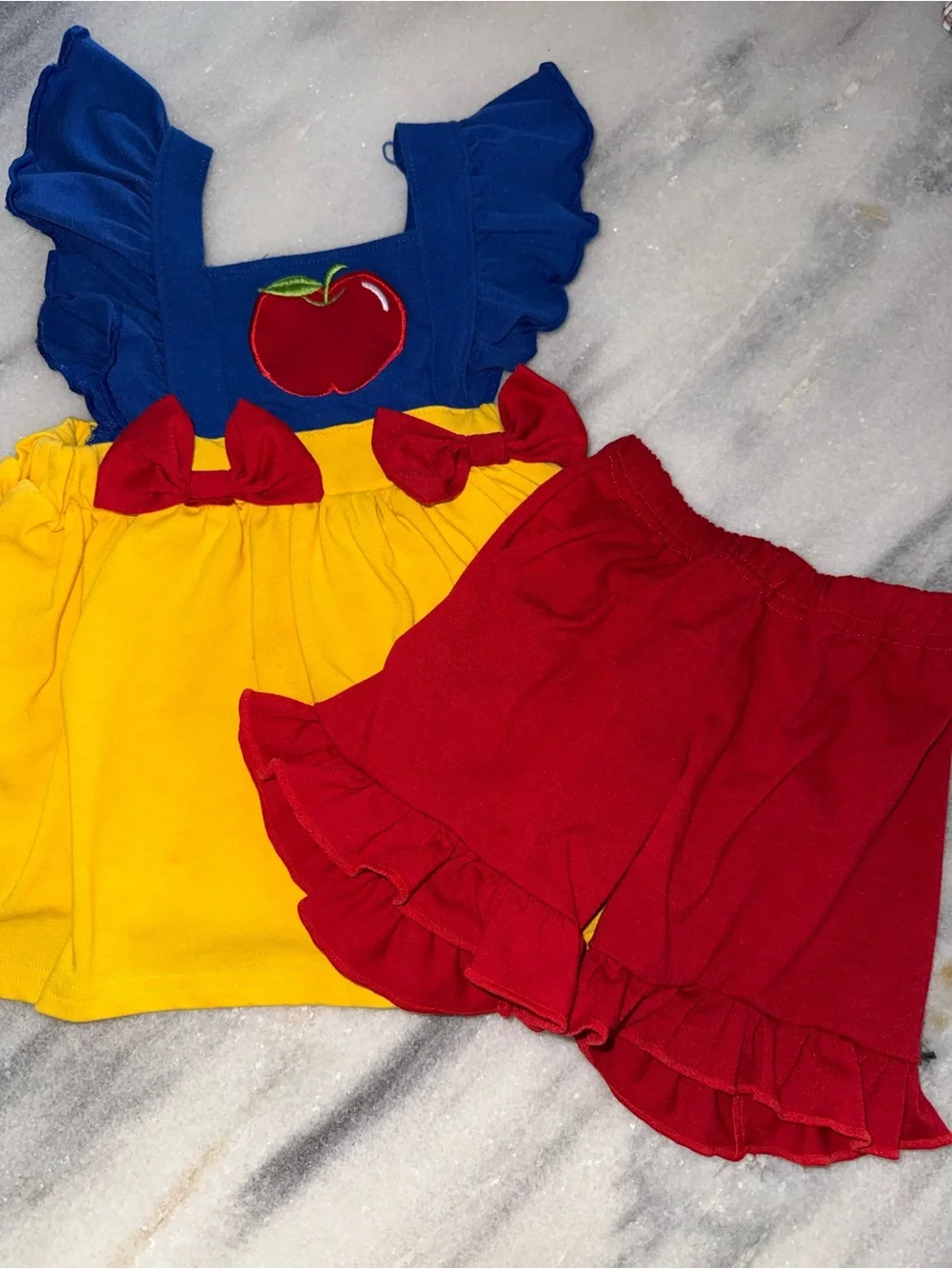 Girls Abbie and Evie Snow White Themed Apple outfit with Red Shorts Cotton 2T